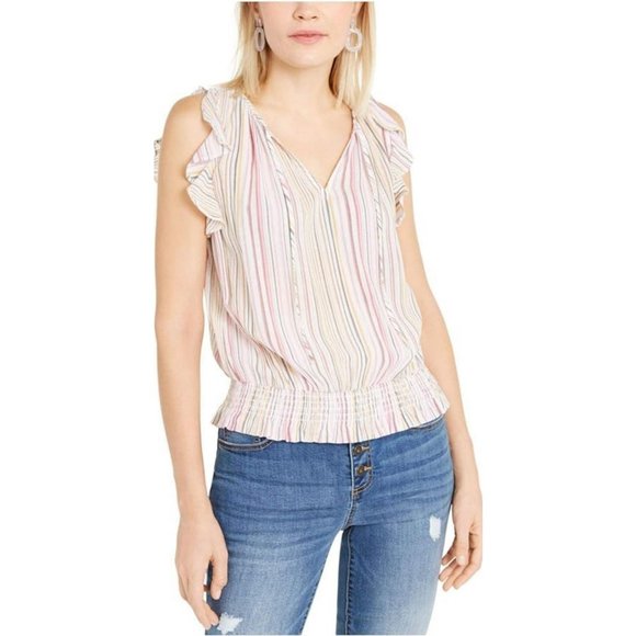 INC International Concepts Tops - I.N.C. International Concepts Pink Ruffled Pinstripe Short Sleeve Top Size XXL